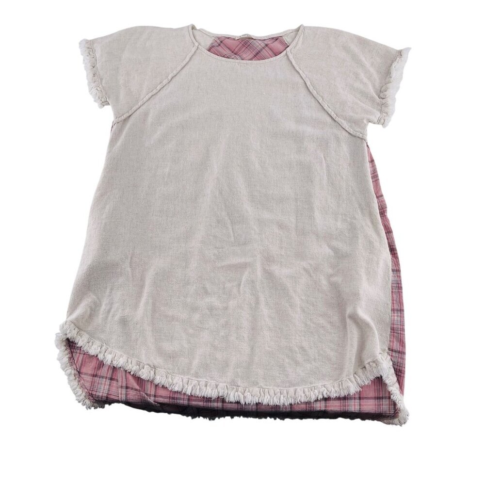 Umgee Womens Fringe dress  Hem Short Sleeve Plaid Contrast Tunic Top Beige & Pin